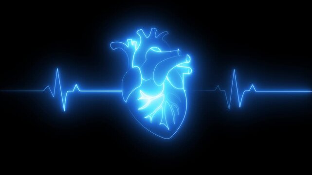 neon heartbeat line animation isolated on a black background. Futuristic ECG pulse icon with luminous electrocardiogram waveform representing heart health, medical monitoring, healthcare