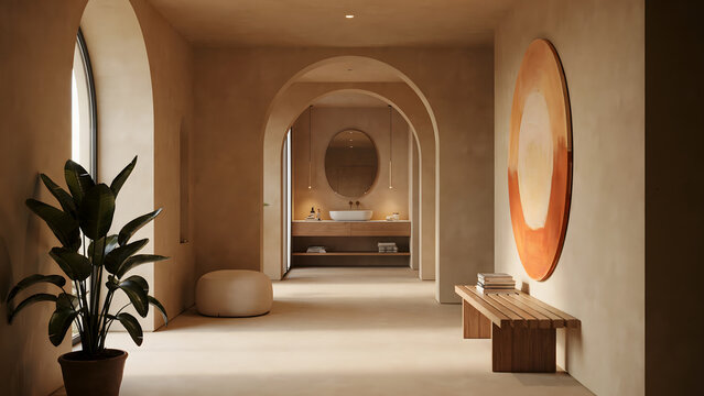 A peaceful bathroom corridor showcasing arched architectural details, a wooden bench, circular orange wall and a vibrant green plant