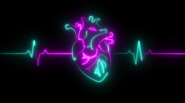 neon heartbeat line animation isolated on a black background. Futuristic ECG pulse icon with luminous electrocardiogram waveform representing heart health, medical monitoring, healthcare