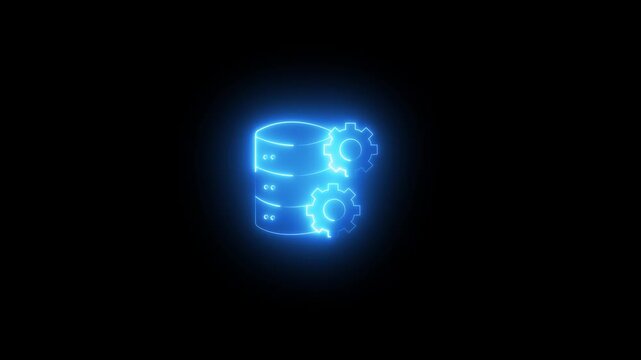 neon database settings line icon animation isolated on a black background. Futuristic server stack with smoothly rotating gears symbolizing database configuration, server management,