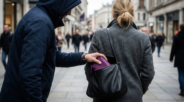 Street crime scene showing a man stealing a purple wallet from a woman's bag.