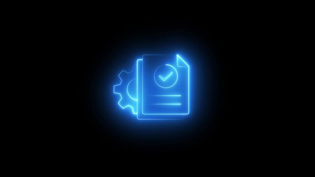 neon document approval settings line icon animation isolated on a black background. Futuristic verified file with a checkmark and gear symbolizing document management, approval workflow,