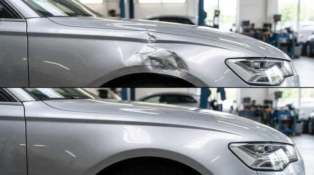 A side by side comparison demonstrating successful automotive dent repair on a light blue car.