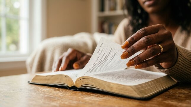 Hands of an African American woman flipping through a Bible during prayer and study.