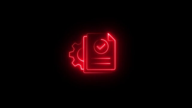 neon document approval settings line icon animation isolated on a black background. Futuristic verified file with a checkmark and gear symbolizing document management, approval workflow,