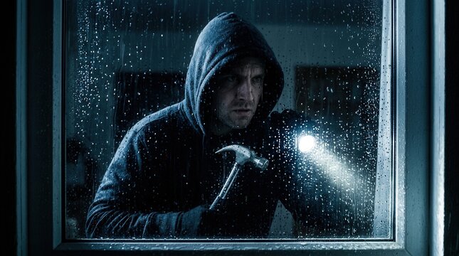 A thief peering into a residential window with a flashlight and hammer.
