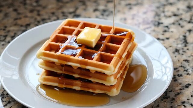 Stack of delicious homemade waffles with butter and maple syrup