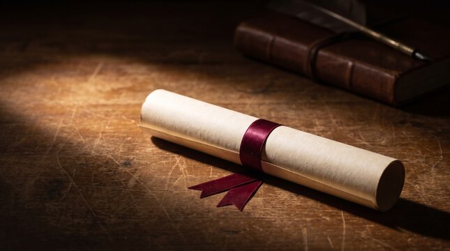 A rolled parchment with a crimson ribbon rests on a wooden surface, accompanied by a feather quill and a leather-bound book. This scene evokes a sense of history and learning