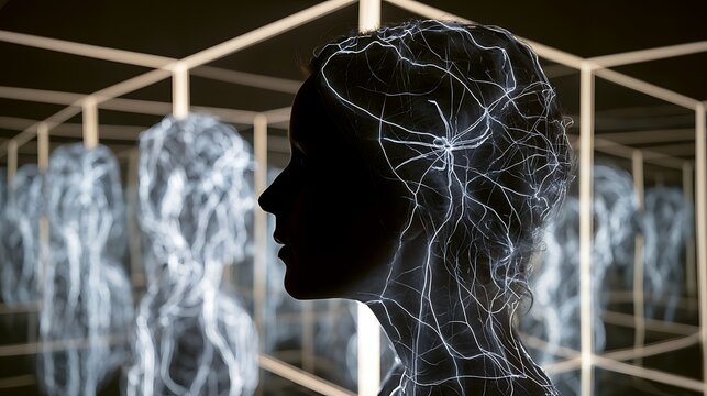 Prompt: A powerful abstract conceptual artwork of self-deception. A stark silhouette profile of a head is double-exposed with a dreamscape of an endless grid of repeating parallel mirrors containing 