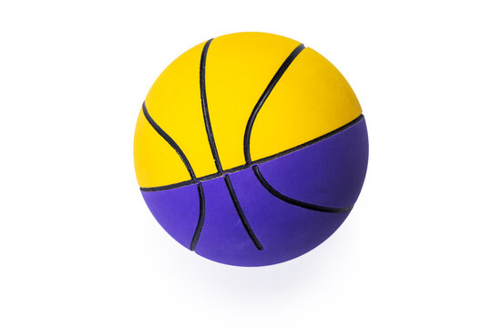 Yellow and purple toy basketball isolated on white background
