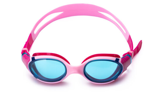 Pink and blue swimming goggles isolated on white background
