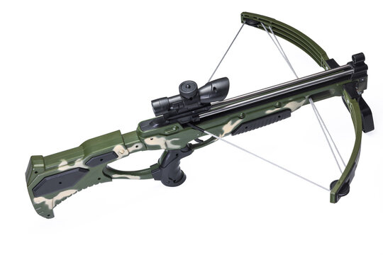 Toy compound crossbow with camouflage pattern and scope isolated on white background