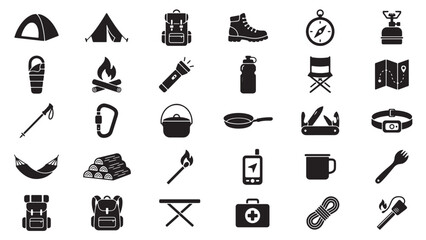 Fototapeta premium Camping Equipment Silhouette Icons Set with Outdoor Adventure Essentials