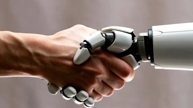 Close up of human and humanoid robot shaking hands