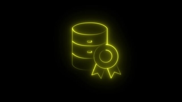 neon certified database line icon animation isolated on a black background. Futuristic data storage server with certification ribbon symbolizing verified databases, secure storage, data integrity,