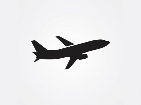 Black airplane silhouette taking off.  Airplane flight travel icon on white background