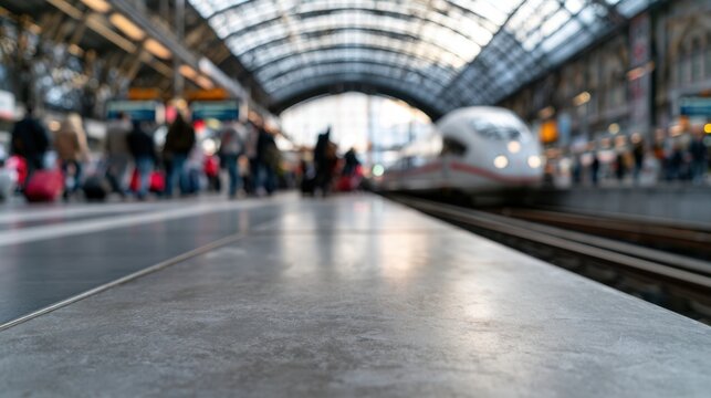 blurry view of people on a train station platform with a train approaching