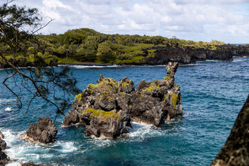 Green coastline with natural lava rock arches at Waianapanapa State Park, Maui © Zach