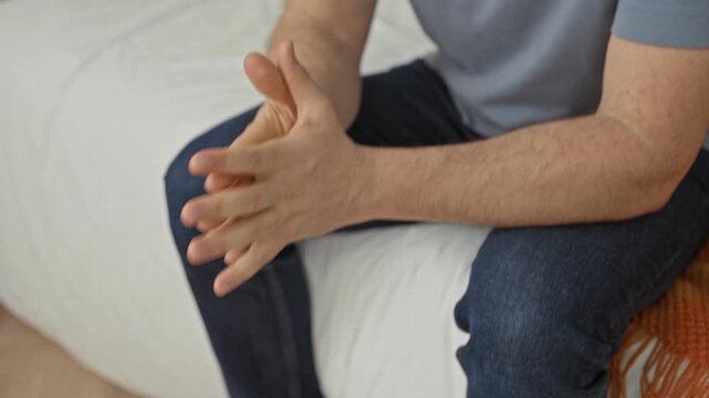Man seated on bedroom bed with hands clasped, fingers interlocked and forearms exposed, wearing jeans and tshirt; pensive reflection.