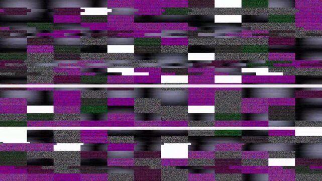 Corrupted Digital Glitch Signal with Purple and Monochrome Pixelated Data Blocks