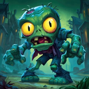 a cartoon style zombie with big yellow eyes standing in a spooky village