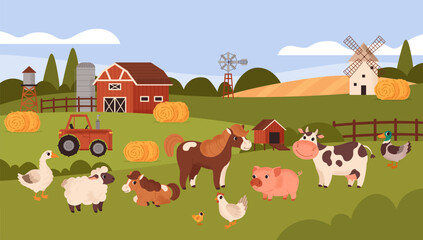 Farm animal banner. Landscape. Cute cartoon pets. Various animals and farm equipment. Cow, horse, pig, sheep, goose. Barn, tractor, mill, and hay. Vector illustration. © FRIEVA