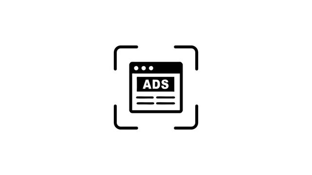 Animation of digital advertisement being scanned by laser beam on white background.