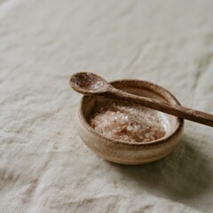 Fototapeta premium Pink Himalayan salt in stoneware cellar with weathered wooden spoon