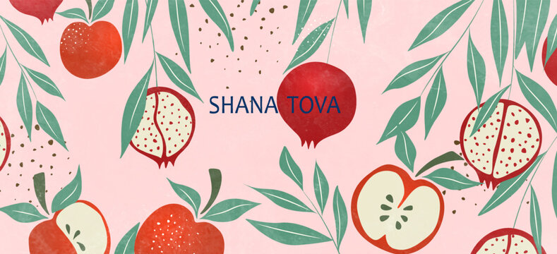 Jewish holiday Rosh Hashanah with pomegranate and apple fruits. Illustration in modern style with Jewish holiday of New Year, Rosh Hashana for greeting card, cover.