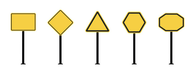 Set of five blank yellow road signs with black borders on posts on transparent background vector illustration © Razvi hasan