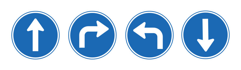 Vector set of four blue circular road signs with white directional arrows on transparent background © Razvi hasan