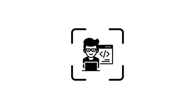 Programmer icon animation with green laser scan line moving vertically over developer character at computer.