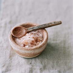 Obraz premium Coarse pink salt in handmade ceramic bowl with rustic spoon