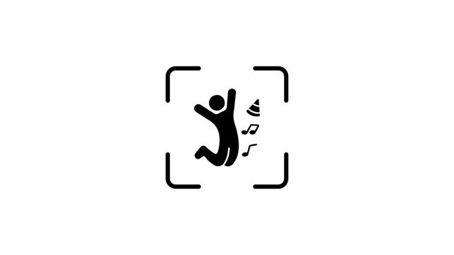 Jumping person icon inside camera viewfinder with scanning laser beam animation for digital party celebration concept.