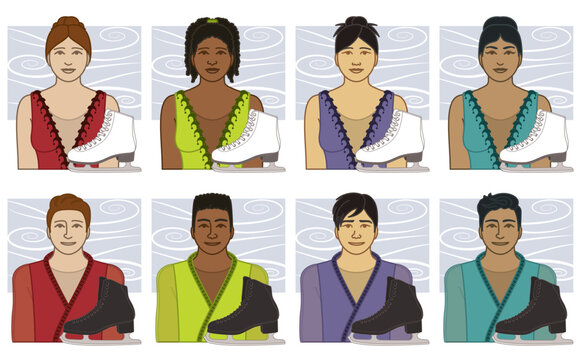 diversity, race, ethnicity of figure skating skater vector icons, male and female, wearing costume including skates, isolated on a white background