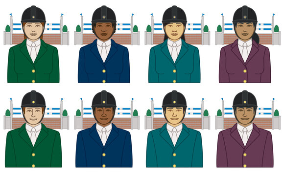 diversity, race, ethnicity of equestrian show jumping horse rider vector icons, male and female in formal dress and helmet, jumping obstacle, isolated on a white background