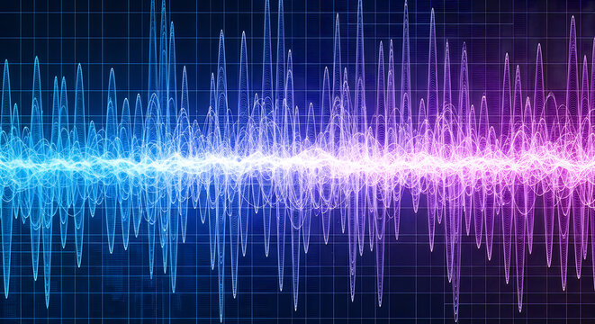 Abstract sound wave visualization blue and purple energy flow on grid background