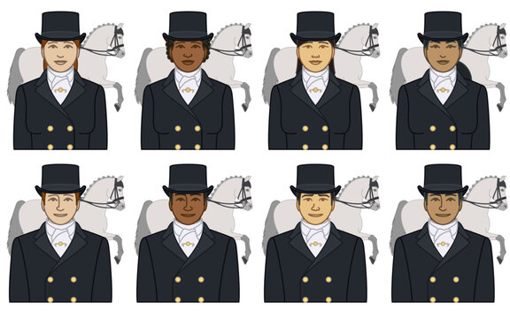 diversity, race, ethnicity of equestrian dressage upper level horse rider vector icons, male and female in formal dress and top hat, purebred horse with plaited mane, isolated on a white background
