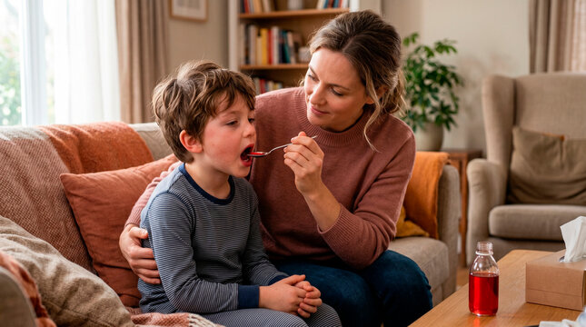 Mother giving syrup medicine to sick child on sofa. Caring woman nursing ill boy with spoon of liquid remedy. Health care at home, parent supporting son during seasonal cold or flu.