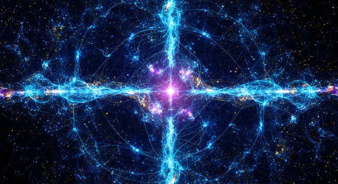 Cosmic energy flow abstract digital art of a vibrant interconnected universe with electric blue streaks