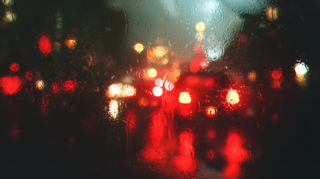 Abstract blurry red and yellow bokeh lights of city night traffic seen through wet window glass with rain drops, moody weather background
