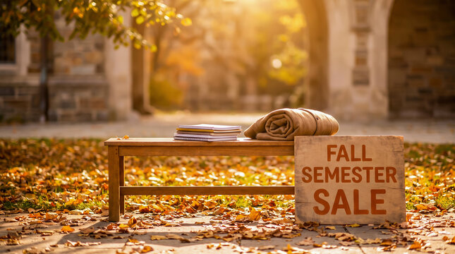 Stack notebooks and rolled coat on bench among fallen autumn leaves outside historic college campus building. Offer rebate for knowledge day. Sale promotion banner for back to school with copy-space.
