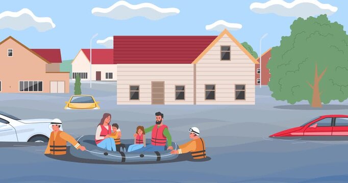 Isometric animation of an emergency flood rescue featuring rescue workers evacuating people by inflatable boat in a flooded area. On-screen text: Flood and Read More 