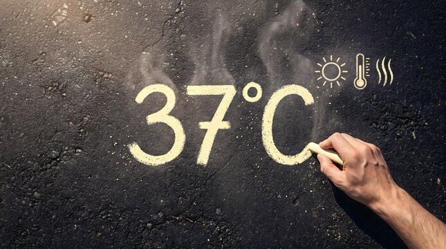 Extreme summer heatwave concept showing hand writing 37 degrees Celsius on smoking hot urban asphalt road symbolizing global warming temperature rise