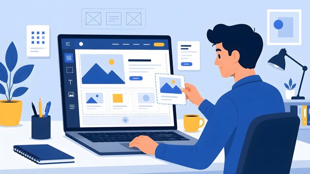 Web Developer Uploading Content and Optimizing Layout Structure on Laptop Screen in Office