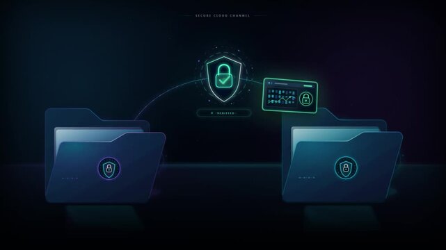 Secure file transfer animation with encryption shield padlock and folders