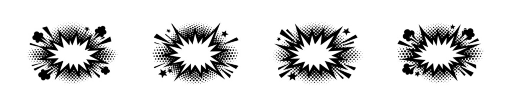 Collection of black and white comic book explosion bursts with halftone dots