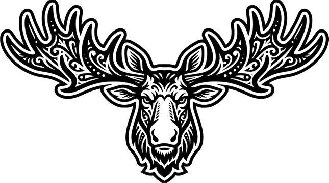 Ornate moose head illustration with tribal motifs.