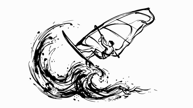 Dynamic windsurfer navigating a massive splashing ocean wave.