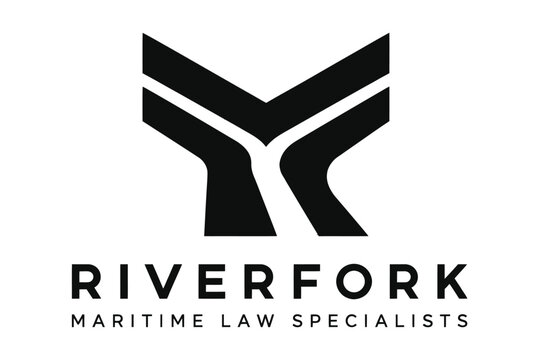 Riverfork maritime law logo with abstract geometric fork icon.